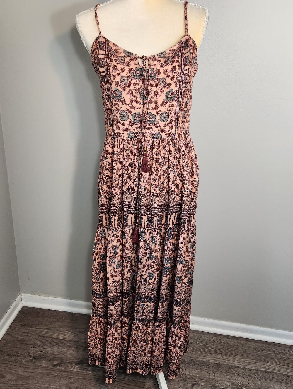 Angie Boho Floral Maxi Dress with Spaghetti Straps Size L